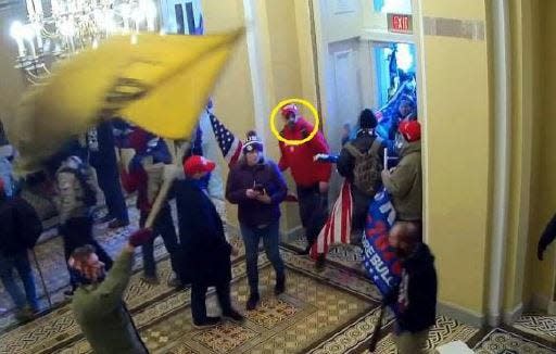 A surveillance image shows Michael Olivares of Lindenwold, circled, inside the U.S. Capitol on Jan. 6, 2021.