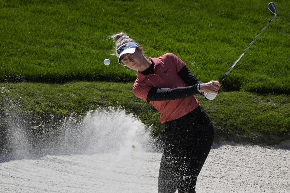 Nelly Korda hits out of a bunker at the fourth green during the final round of the LPGA T-Mobile Match Play golf tournament Sunday, April 7, 2024, in North Las Vegas, Nev. (AP Photo/John Locher)