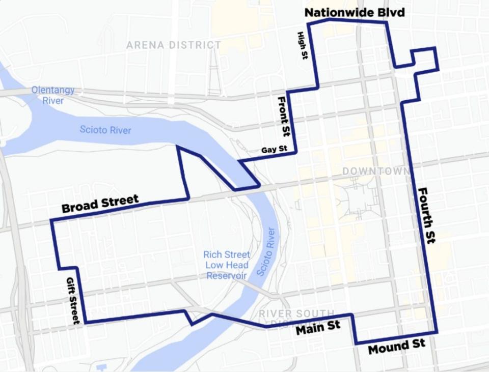 A map of a planned Designated Outdoor Refreshment Area (DORA) for downtown Columbus approved by City Council on Monday, which would allow people to walk around carrying alcoholic beverages in specially purchased cups in public.