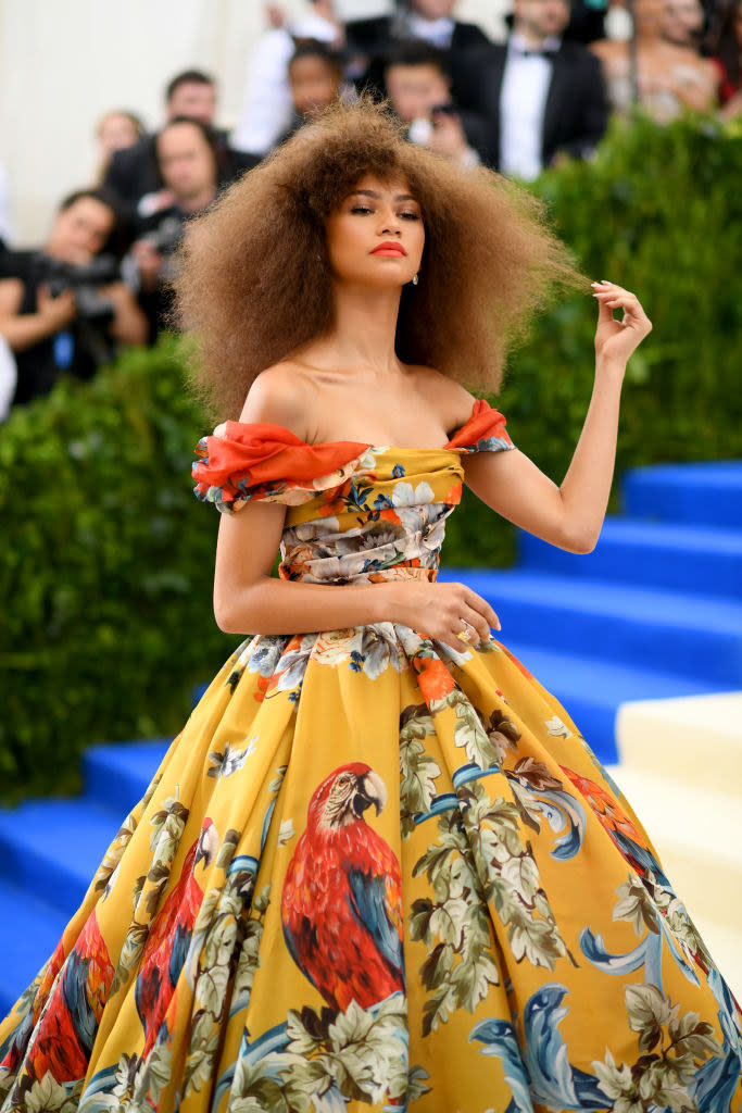 Zendaya attends the "Rei Kawakubo/Comme des Garcons: Art Of The In-Between" Costume Institute Gala in an off-the-shoulder gown printed with birds and plant life