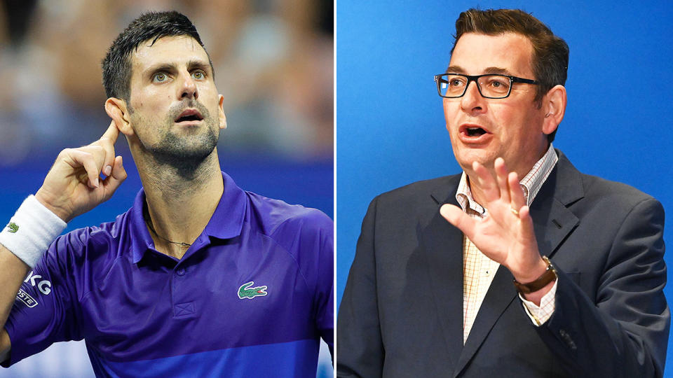 Pictured left, Novak Djokovic alongside a photo of Victorian Premier Daniel Andrews.