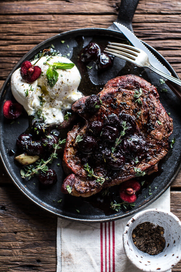 <strong>Get the <a href="https://www.halfbakedharvest.com/smoked-ancho-chile-salted-steaks-with-drunken-burst-sweet-cherries-burrata/" target="_blank">Smoked Ancho Chile Salted Steaks with Drunken Burst Sweet Cherries and Burrata recipe</a>&nbsp;from Half Baked Harvest</strong>