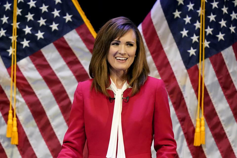 FILE - Political staffer and Utah U.S. Senate candidate Ally Isom speaks during a Republican primary debate Wednesday, June 1, 2022, in Draper, Utah. Isom faces Sen. Mike Lee and former state lawmaker Becky Edwards in the GOP primary on Tuesday, June 28. (AP Photo/Rick Bowmer, File)