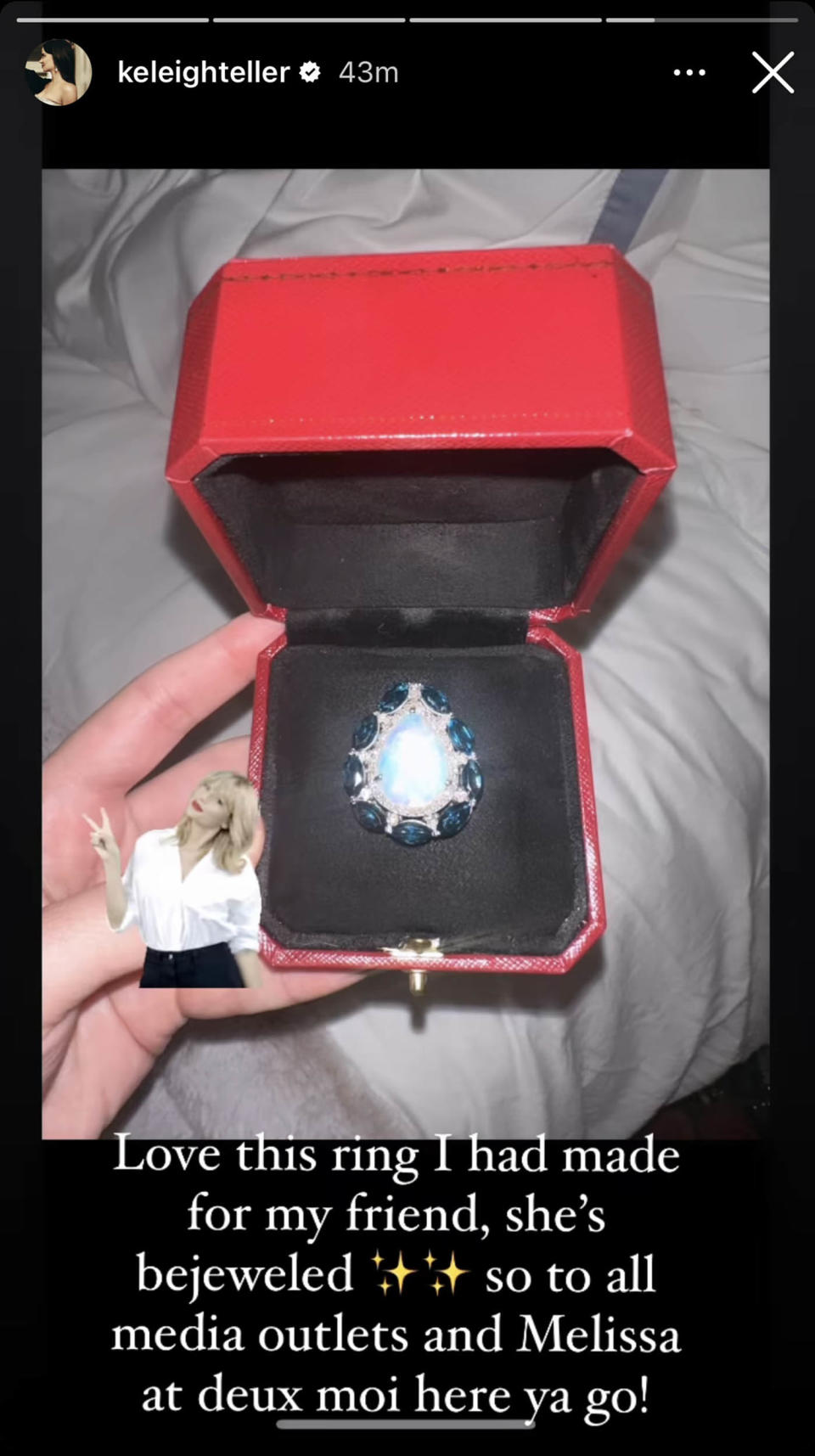 Keleigh Sperry revealed on Instagram that she had Taylor Swift's new opal ring custom made for her. (@keleighteller via Instagram)