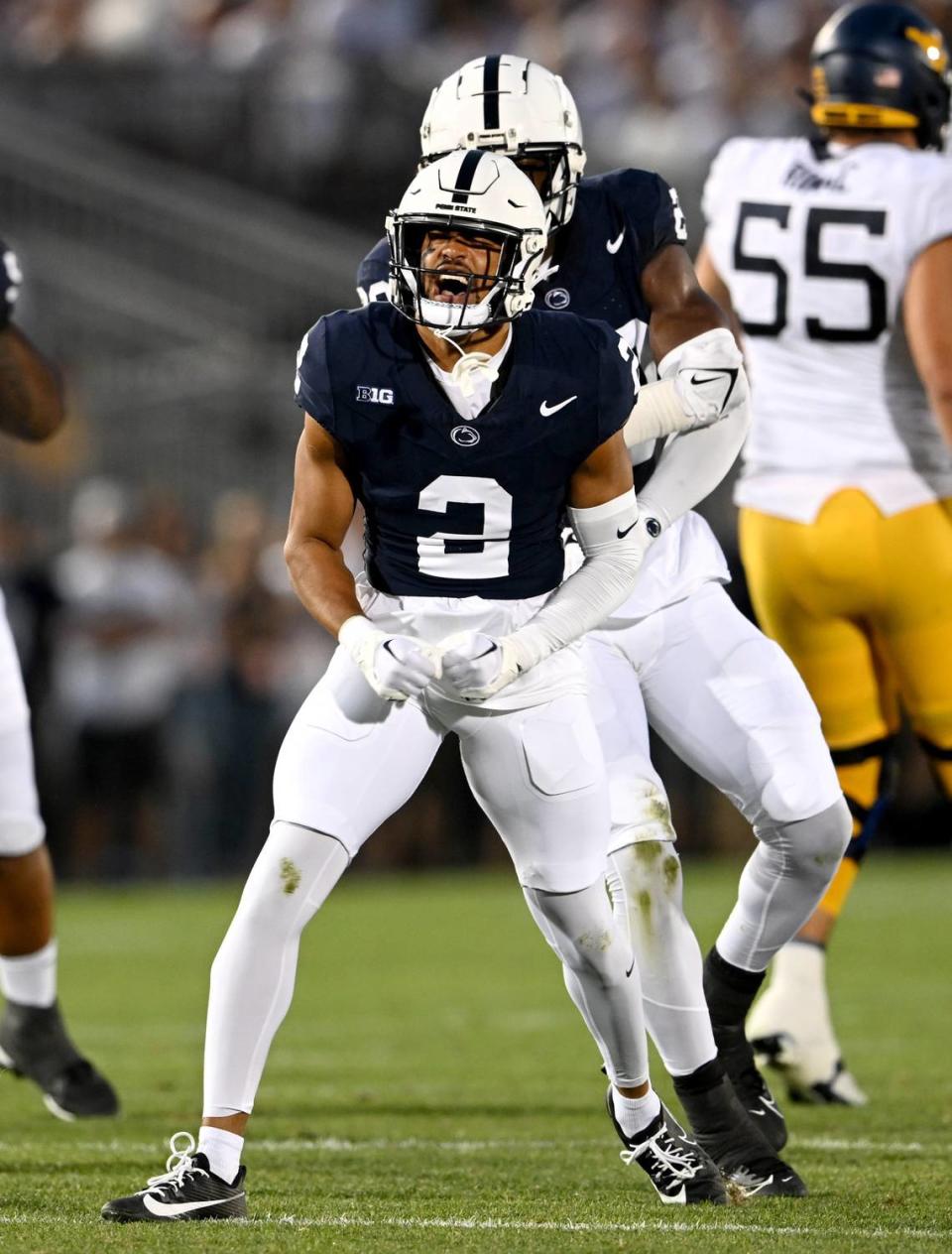 Penn State safety Keaton Ellis celebrates a tackle during the game against West Virginia on Saturday, Sept. 2, 2023.