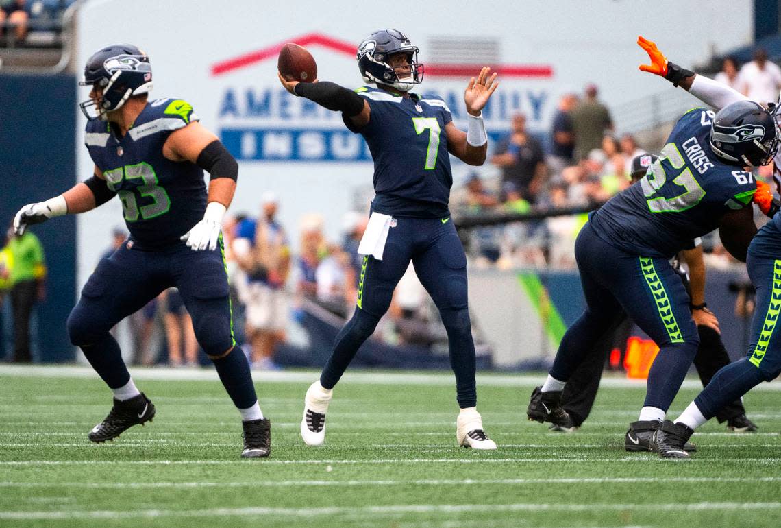 Seattle Seahawks quarterback Geno Smith (7) looks to throw the ball down the field during the first half of the Seahawks second preseason game at Lumen Field in Seattle, Wash. on August 18, 2022.