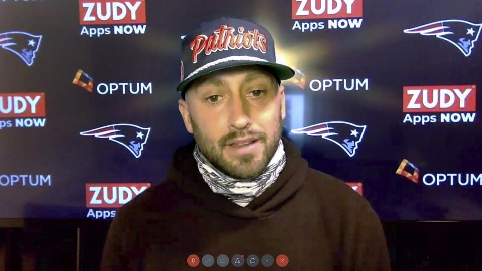 In this still image from a Webex media availability hosted by the New England Patriots, quarterback Brian Hoyer responds to a question, Friday, Aug. 7, 2020, in Foxborough, Mass. (New England Patriots via AP)