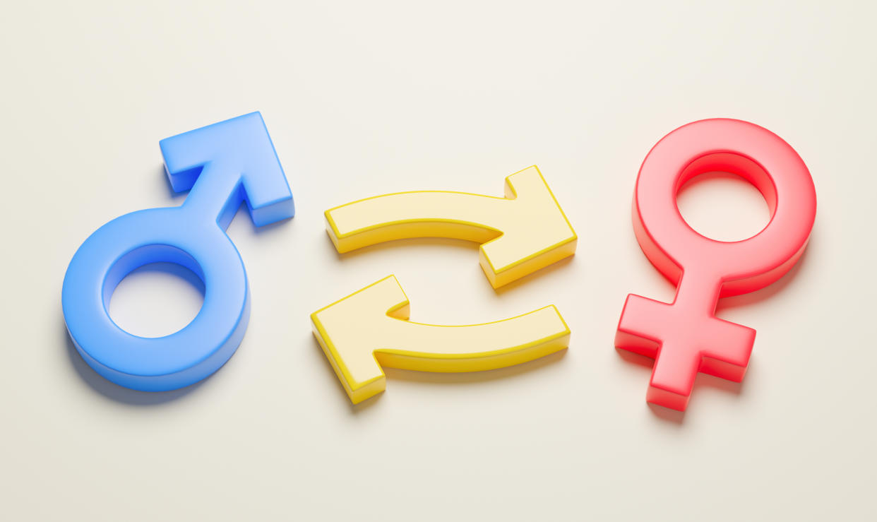 Gender change. Male and female gender symbol with a circular arrow. 3d render