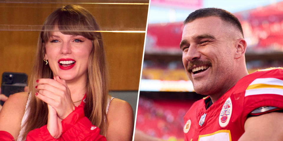 On the left, taylor swift cheers. on the right, travis kelce in his jersey smiles on the field (Cooper Neill / Getty Images)