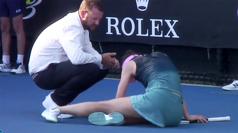 Andrea Petkovic slumped to the ground. Image: Channel 9