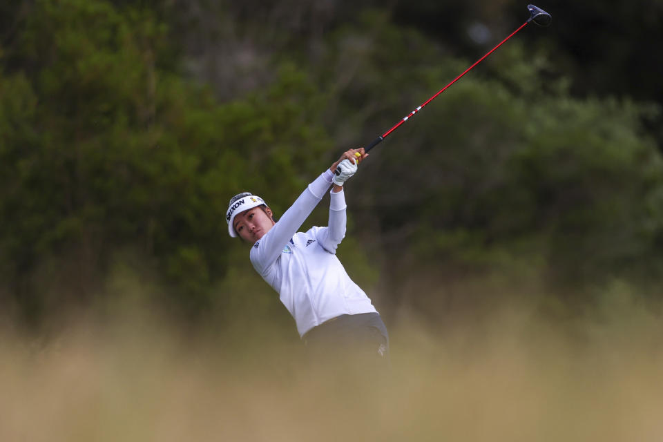 Australia's Grace Kim tees off on the 14th hole during the Australian Open golf championship at Kingston Heath golf course in Melbourne, Australia, Thursday, Dec. 1, 2022. (AP Photo/Asanka Brendon Ratnayake)