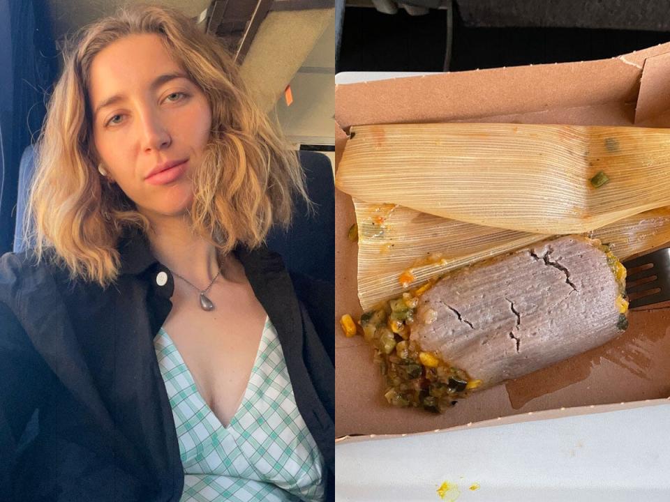 Remy Solomon selfie on the left, vegan burrito on amtrak right