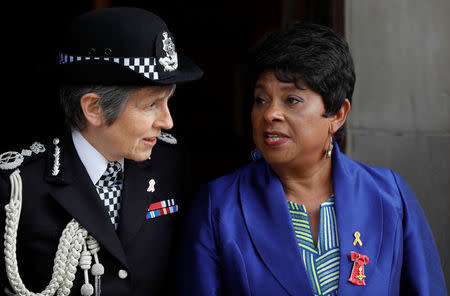 Doreen Lawrence and Cressida Dick, the Commissioner of the Metropolitan Police, arrive at a service at St Martin-in-The Fields to mark 25 years since Doreen Lawrence's son Stephen was killed in a racially motivated attack, in London, Britain, April 23, 2018. REUTERS/Peter Nicholls