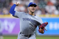 Toronto Blue Jays starting pitcher Jose Berrios delivers against the Houston Astros during the first inning of a baseball game Tuesday, April 2, 2024, in Houston. (AP Photo/Eric Christian Smith)