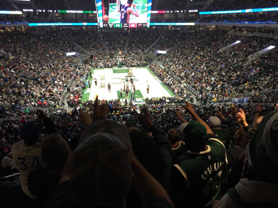 The Clutch Crew makes its presence known from Section 112 inside Fiserv Forum. (Yahoo Sports)