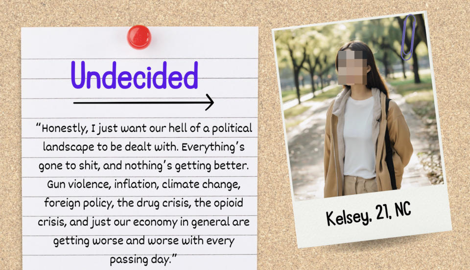 Bulletin board with a note titled "Undecided" quoting Kelsey, 21, NC, discussing political and economic issues