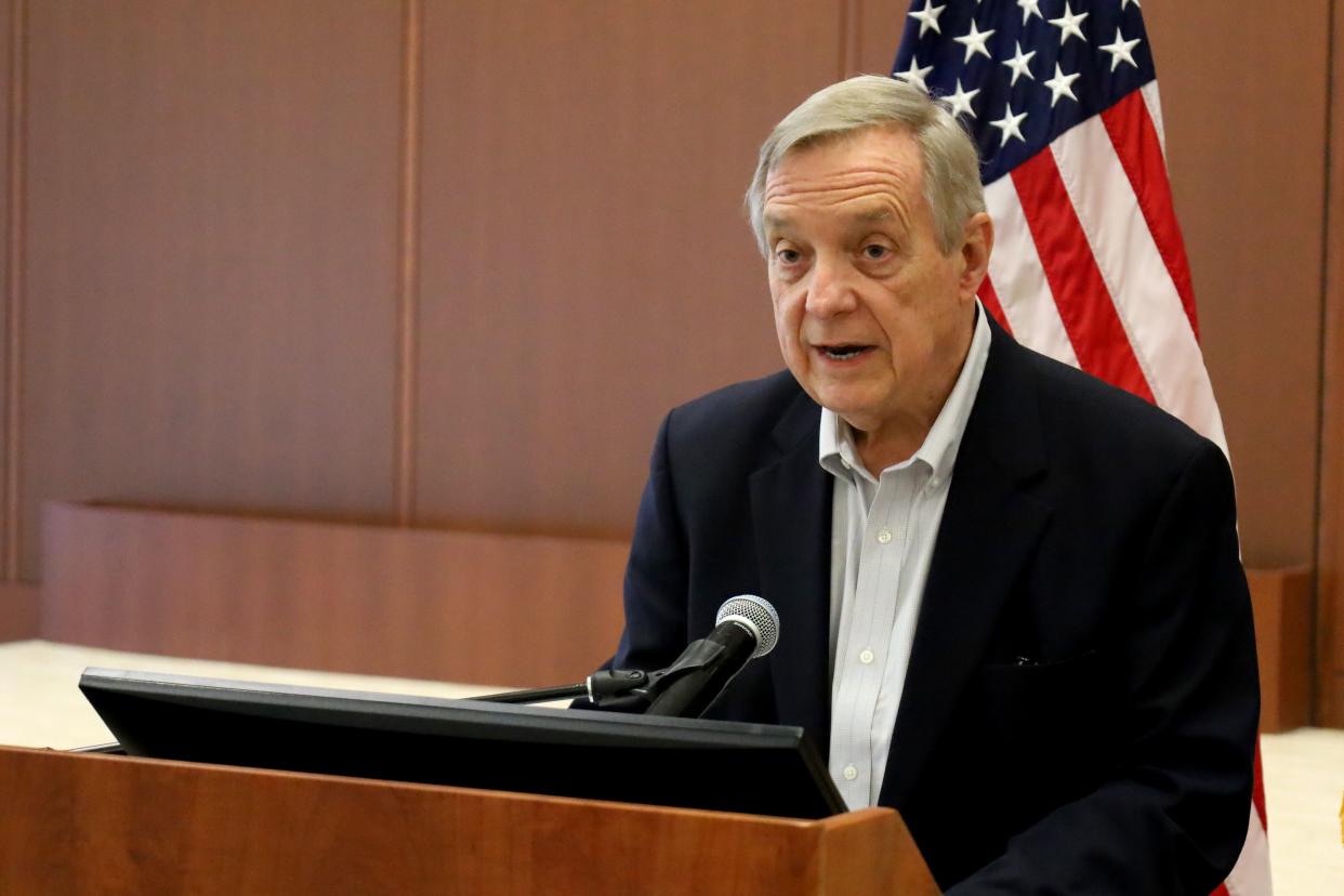 U.S. Sen. Dick Durbin speaks Friday at a press conference at Memorial Learning Center in Springfield.