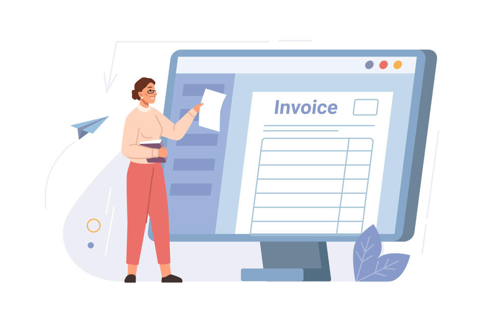 Online digital E invoice and statements software, woman checking tax form on screen monitor flat cartoon vector illustration. Invoice bills financial calculator, investment and accounting payment