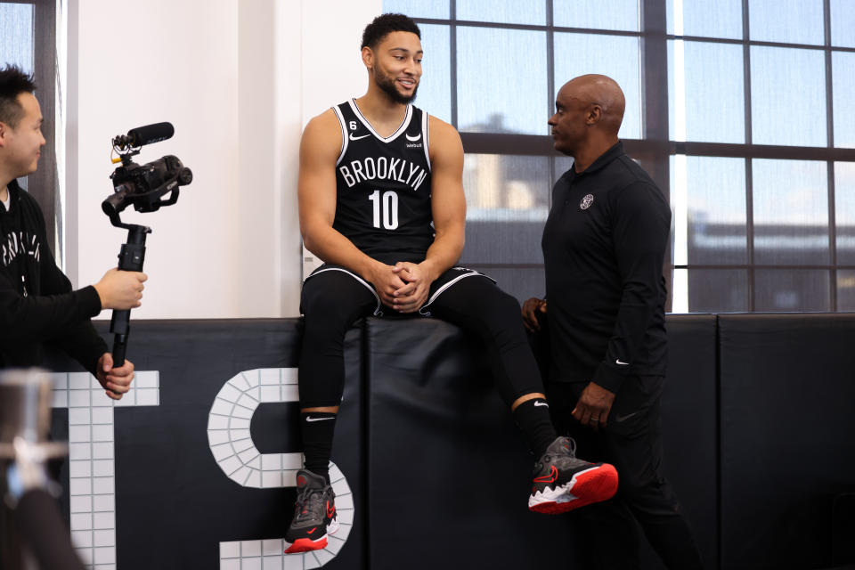 NEW YORK, NEW YORK - SEPTEMBER 26: Ben Simmons #10 of the Brooklyn Nets waits to go up to the podium for a press conference at Brooklyn Nets Media Day at HSS Training Center on September 26, 2022 in the Brooklyn borough of New York City. NOTE TO USER: User expressly acknowledges and agrees that, by downloading and/or using this photograph, User is consenting to the terms and conditions of the Getty Images License Agreement. (Photo by Dustin Satloff/Getty Images)