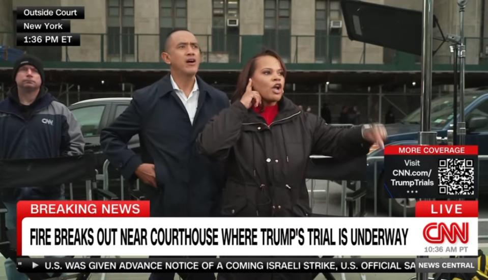 CNN anchor Laura Coates recounted live as a man set himself on fire outside Donald Trump’s trial on Friday, April 19, 2024. CNN