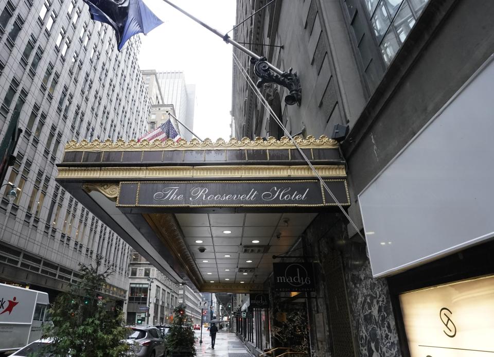 The entrance of the  Roosevelt Hotel, a historic luxury hotel in Midtown Manhattan, is seen in New York on October 12, 2020. - The Roosevelt Hotel announced the hotel would permanently close due to continued financial losses associated with the COVID-19 pandemicThe final day of operation will be October 31, 2020. The hotel, named in honor of President Theodore Roosevelt, opened on September 22, 1924. (Photo by TIMOTHY A. CLARY / AFP) (Photo by TIMOTHY A. CLARY/AFP via Getty Images)