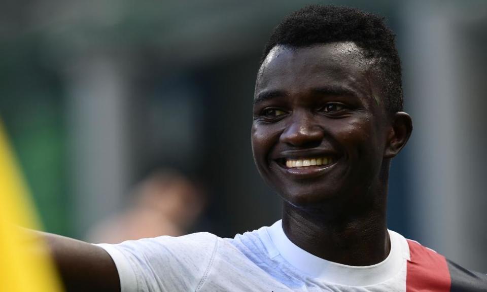 The Gambian midfielder Musa Juwara smiles after his goal helped Bologna defeat Internazionale.