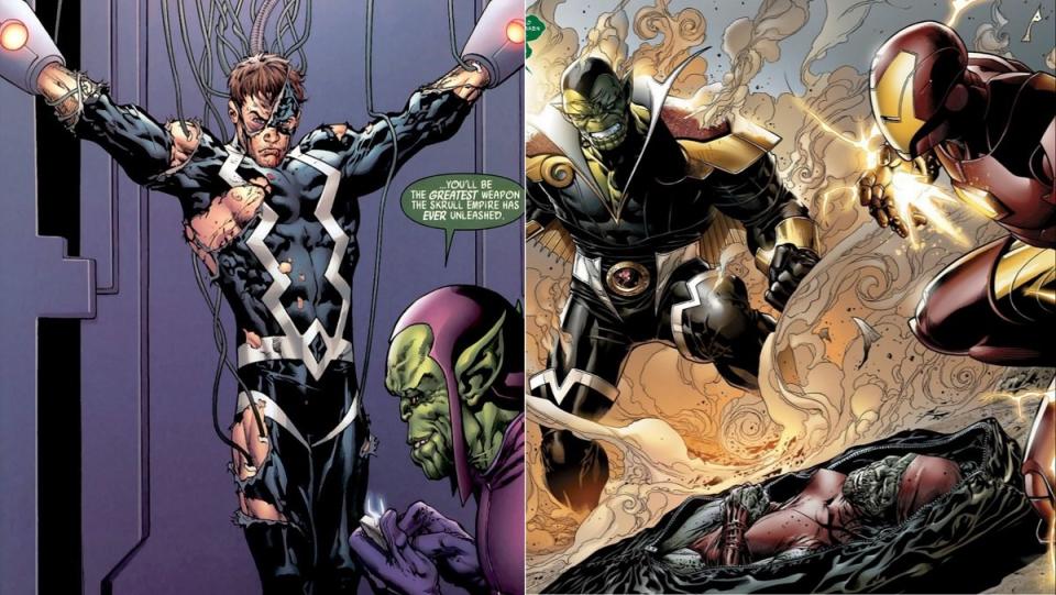 A captured by Skrulls Black Bolt of the Inhumans, along with his Skrull replacement.