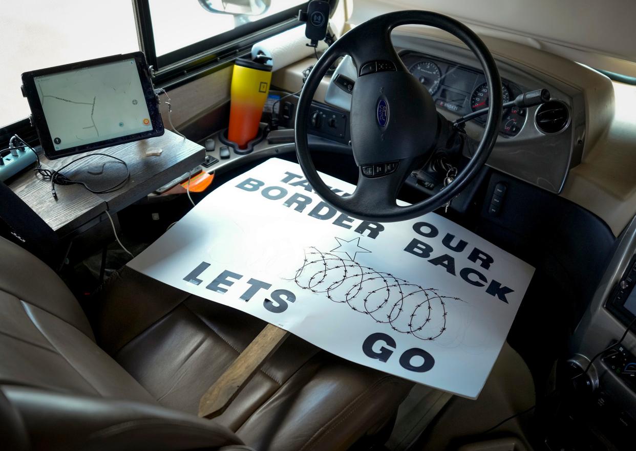 A sign in the RV of Craig Hudgins, one of the organizers of the Take Our Border Back Convoy, in Dripping Springs on Thursday February 1, 2024.