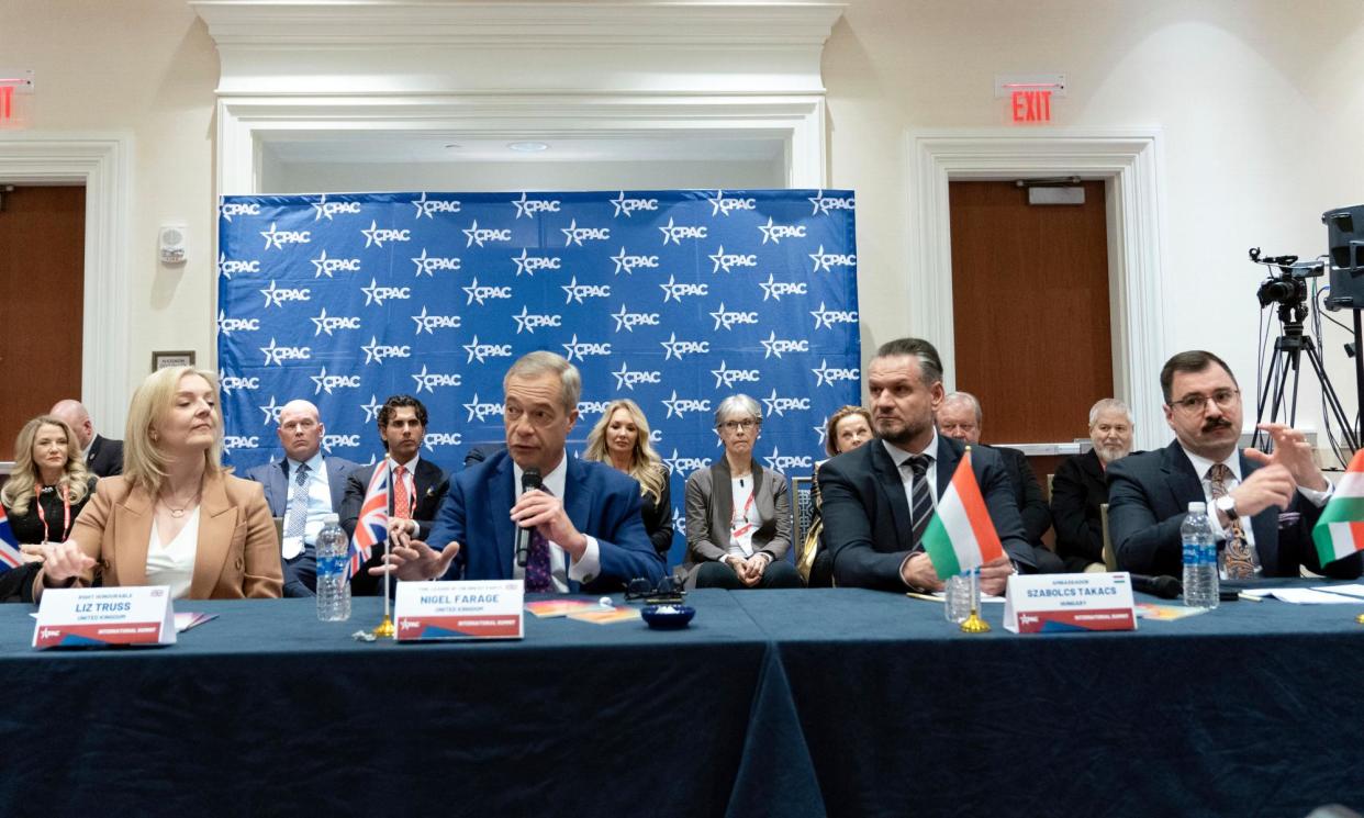 <span>From left at the CPAC roundtable event, Liz Truss, Nigel Farage, who addressed the conference before her, Szabolcs Takács and Miklós Szánthó – both allies of Hungarian leader Viktor Orbán. Photograph: José Luis Magaña/AP</span><span>Photograph: José Luis Magaña/AP</span>