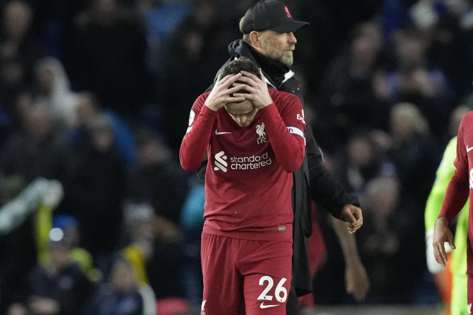 Liverpool's Andrew Robertson reacts after the English Premier League soccer match between Brighton and Liverpool at the Falmer Stadium in Brighton, England, Saturday, Jan. 14, 2023. (AP Photo/Frank Augstein)