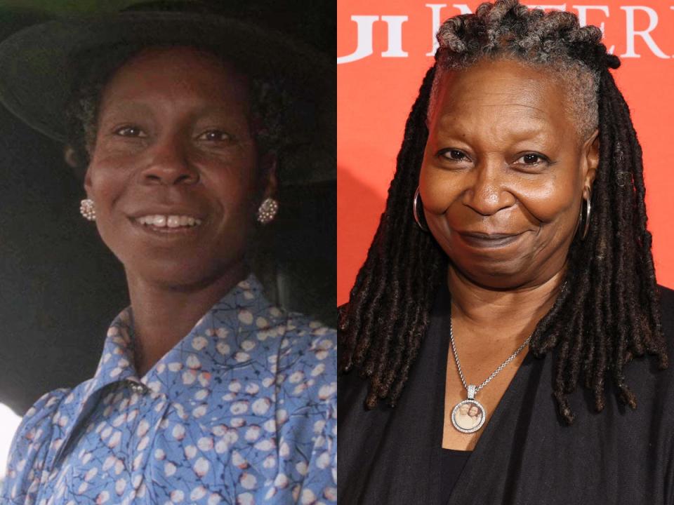 Left: Whoopi Goldberg as Celie Harris Johnson in "The Color Purple." Right: Goldberg in October 2023.