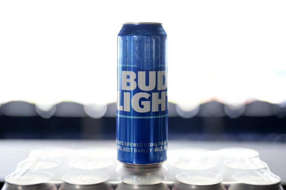 A can of Bud Light beer is seen before a baseball game between the Philadelphia Phillies and the Seattle Mariners, Tuesday, April 25, 2023, in Philadelphia. (AP Photo/Matt Slocum)