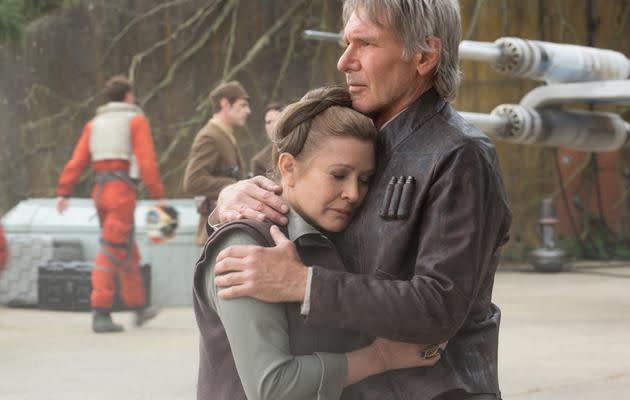 Carrie and Harrison shared an emotional reunion moment in the <i>Star Wars: The Force Awakens</i>. Source: Disney/LucasFilm