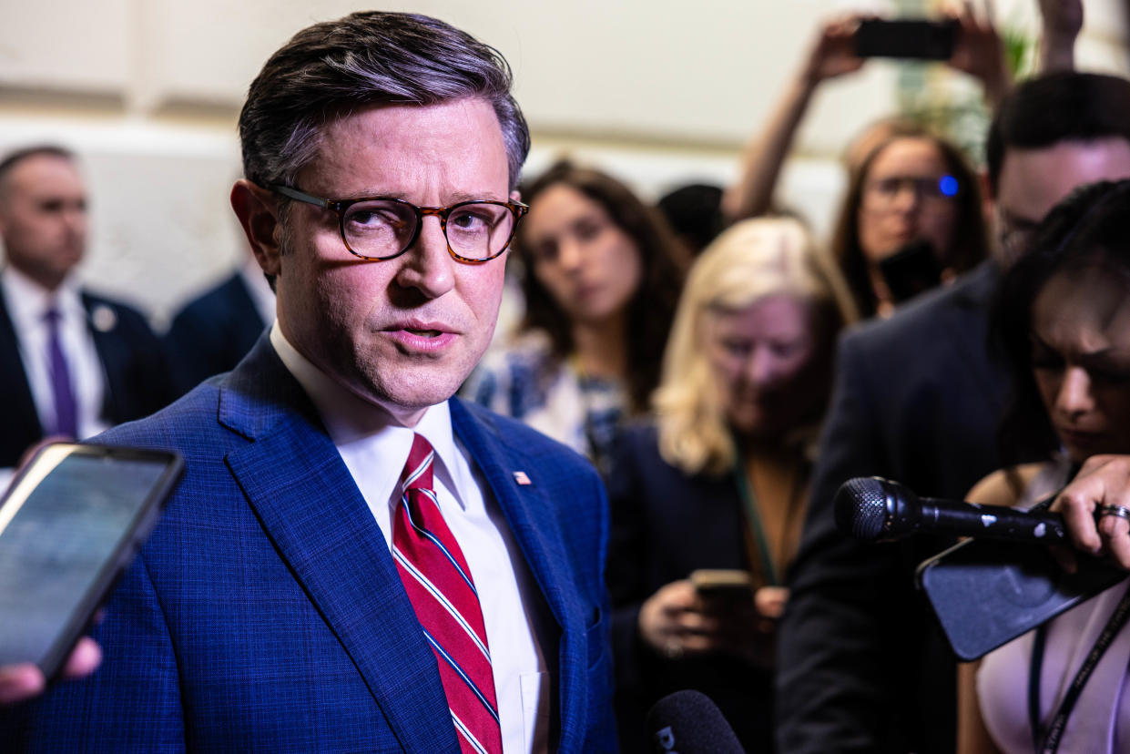 Speaker Mike Johnson, R-La., speaks to the press following a House Conference meeting to discuss Iran's attack on Israel at the U.S. Capitol in Washington, DC.