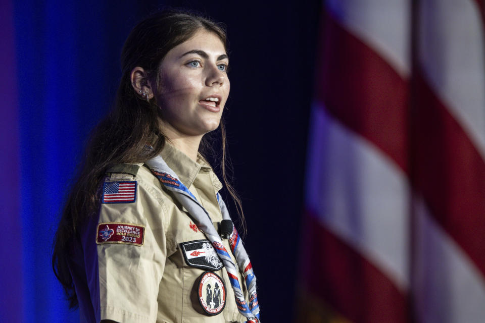 Selby Chipman, 20-year-old, speaks at the Boys Scouts of America annual meeting in Orlando, Fla., Tuesday, May 7, 2024. The Boy Scouts of America is changing its name for the first time in its 114-year history and will become Scouting America. (AP Photo/Kevin Kolczynski)