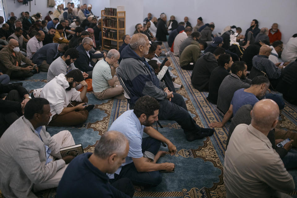 People pray during a service at the Islamic Society of Bay Ridge mosque on Friday, Oct. 13, 2023, in the Brooklyn borough of New York. In Muslim communities across the world, worshippers gathered at mosques for their first Friday prayers since Hamas militants attacked Israel, igniting the latest Israel-Palestinian war. (AP Photo/Andres Kudacki)