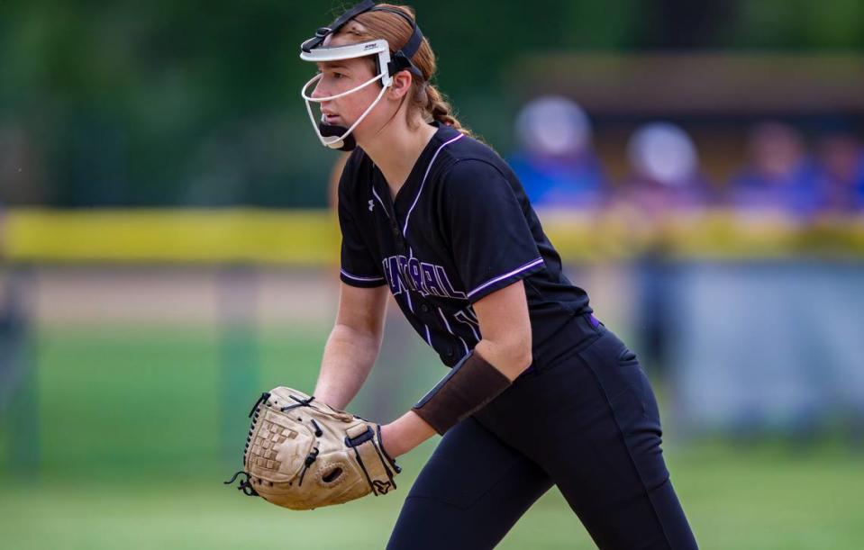 Breese Central Alyse Monken is at the set position before delivering a pitch during the IHSA Class 2A Althoff Regional championship game against Freeburg. The Cougars ultimately dropped a 6-0 decision.