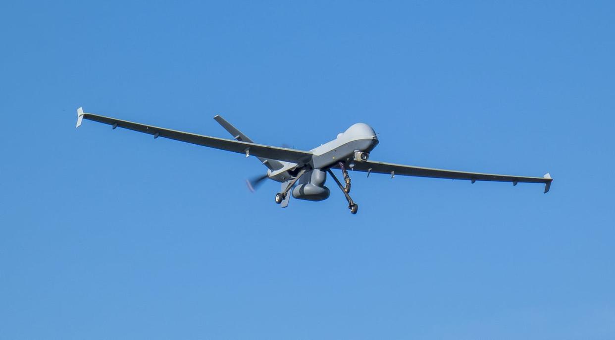 The federal government has used military-grade border patrol drones like this one to monitor protests in US cities. <a href="https://www.flickr.com/photos/joncutrer/43252568250/" rel="nofollow noopener" target="_blank" data-ylk="slk:_ Jonathan Cutrer/Flickr;elm:context_link;itc:0;sec:content-canvas" class="link ">_ Jonathan Cutrer/Flickr</a>, <a href="http://creativecommons.org/licenses/by-sa/4.0/" rel="nofollow noopener" target="_blank" data-ylk="slk:CC BY-SA;elm:context_link;itc:0;sec:content-canvas" class="link ">CC BY-SA</a>