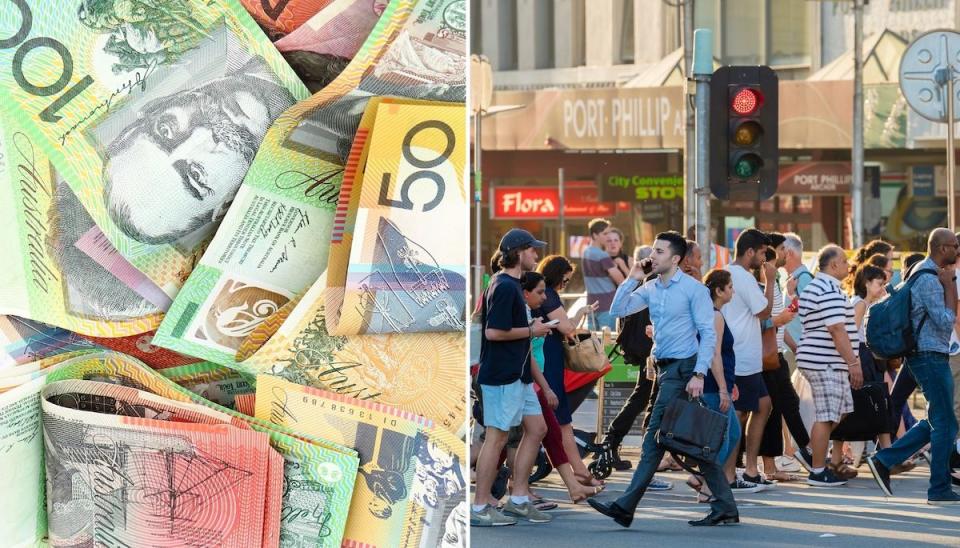 Compilation image of pile of Australian dollar notes and people walking