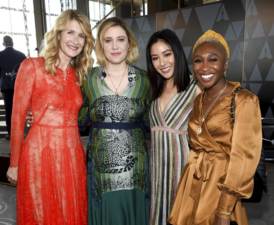 Actors Laura Dern, left, Greta Gerwig, Constance Wu and Cynthia Erivo pose together at the Academy of Motion Picture Arts and Sciences Women's Initiative New York luncheon at the Rainbow Room on Wednesday, Oct. 2, 2019, in New York. (Photo by Evan Agostini/Invision/AP)