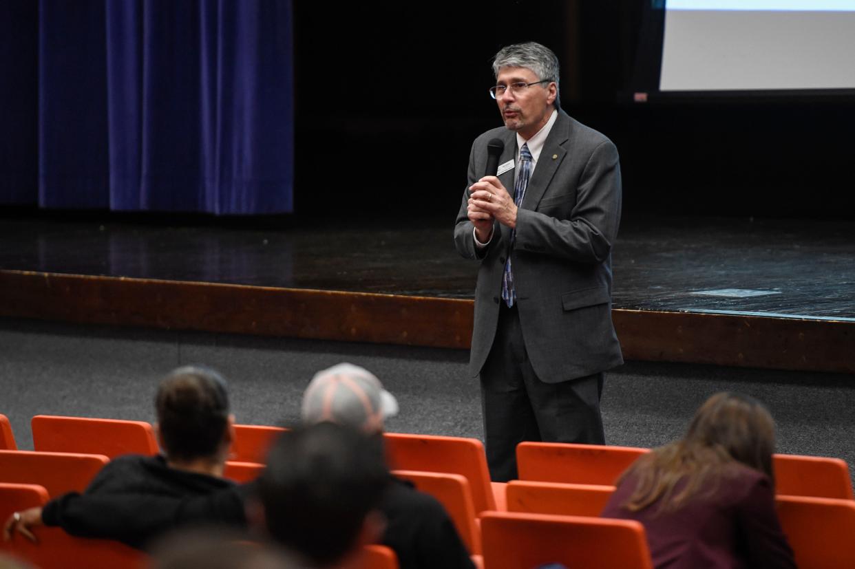 Aiken County Schools Superintendent King Laurence speaks during a town hall for North Augusta's schools rezoning at Midland Valley High School on Wednesday, Feb. 8, 2023. Community members shared their thoughts on the four proposed school zones.