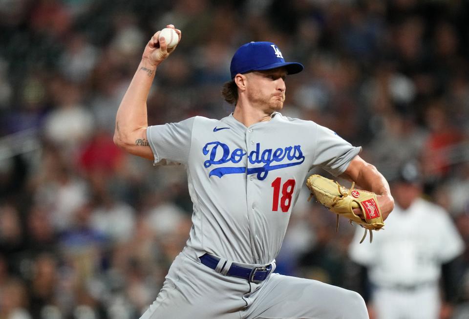 Dodgers pitcher Shelby Miller delivers a pitch in the sixth inning against the Rockies on Sept. 28, 2023, in Denver.