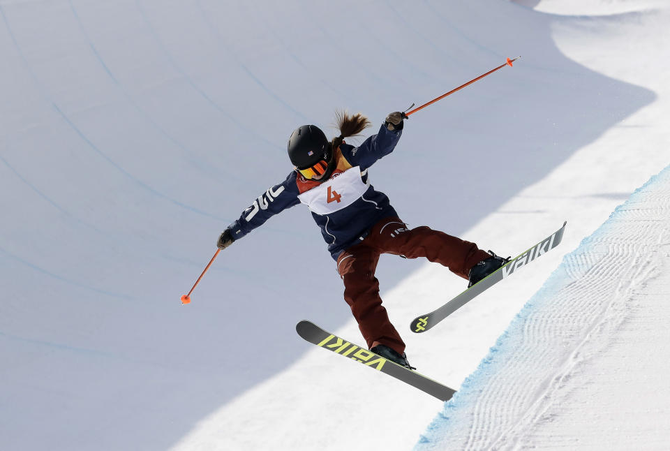 <p>Maddie Bowman, of the United States, crashes uring women’s halfpipe final at Phoenix Snow Park at the 2018 Winter Olympics in Pyeongchang, South Korea, Tuesday, Feb. 20, 2018. (AP Photo/Lee Jin-man) </p>