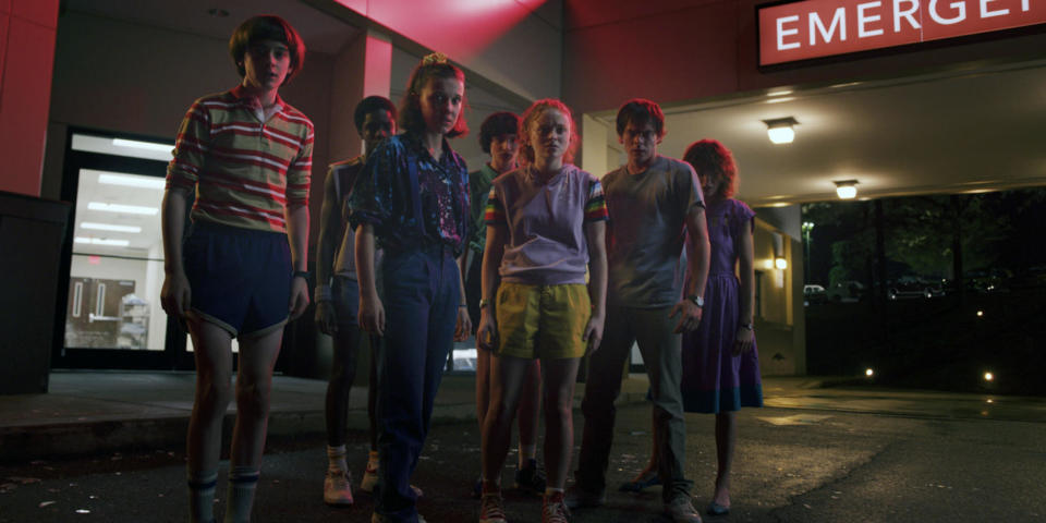 (l-R) Noah Schnapp, Caleb McLaughlin, Millie Bobby Brown, Finn Wolfhard, Sadie Sink, Charlie Heaton and Natalia Dyer in "Stranger Things"