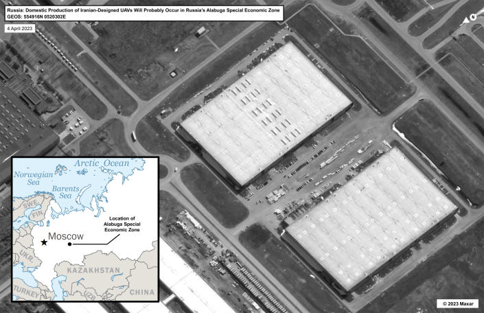 A satellite photo and chart showing where US intelligence indicates Moscow and Tehran are planning to build a drone production facility in Russia's Alabuga Special Economic Zone.  (White House)