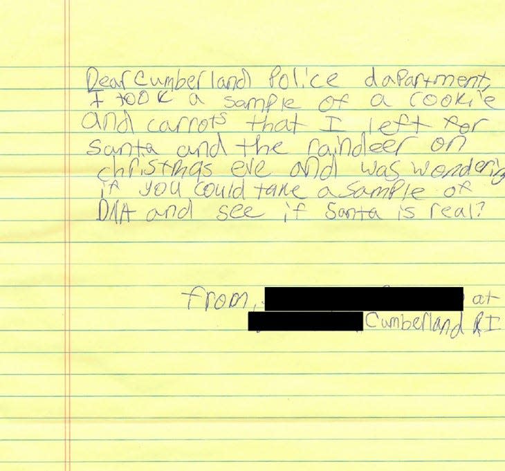 Scarlett Doumato sent a letter to the Cumberland police asking them to test a partially eaten cookie and carrots she recovered at her home on Christmas morning.