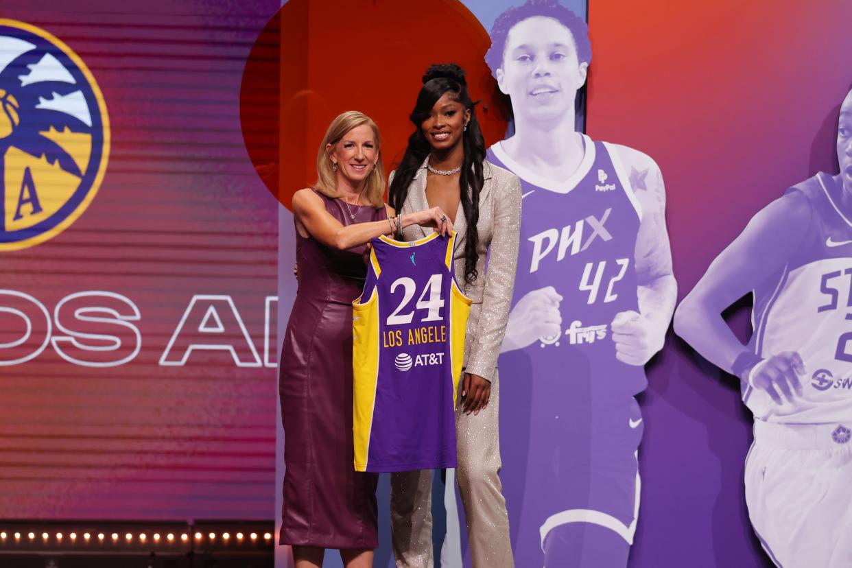 Apr 15, 2024; Brooklyn, NY, USA; Rickea Jackson poses with WNBA commissioner Cathy Engelbert after she is selected with the number four overall pick to the Los Angeles Sparks in the 2024 WNBA Draft at Brooklyn Academy of Music. Mandatory Credit: Brad Penner-USA TODAY Sports