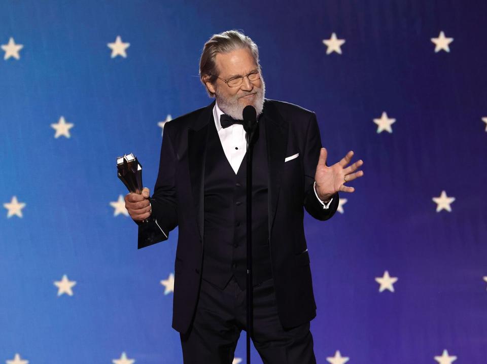 LOS ANGELES, CALIFORNIA - JANUARY 15: Jeff Bridges accepts the Lifetime Achievement Award onstage during the 28th Annual Critics Choice Awards at Fairmont Century Plaza on January 15, 2023 in Los Angeles, California. (Photo by Kevin Winter/Getty Images for Critics Choice Association)