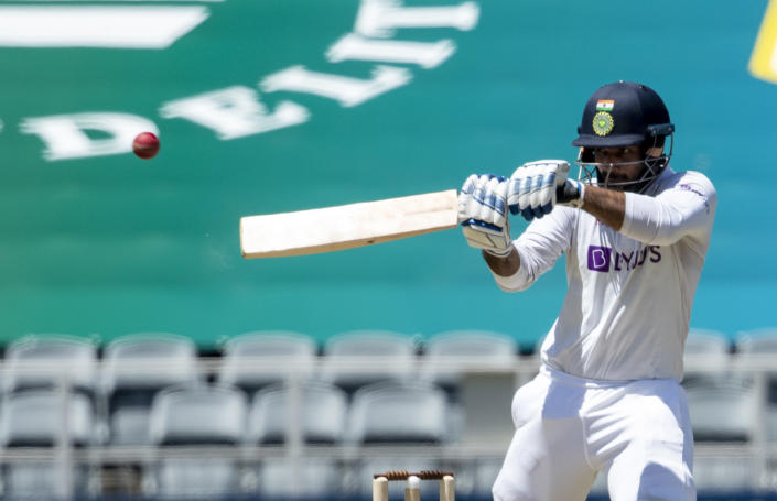 India's batsman Hanuma Vihari plays a high ball during the first day of the 2nd Test Cricket match between South Africa and India at the Wanderers stadium in Johannesburg, South Africa, Monday, Jan. 3, 2022. (AP Photo/Themba Hadebe)