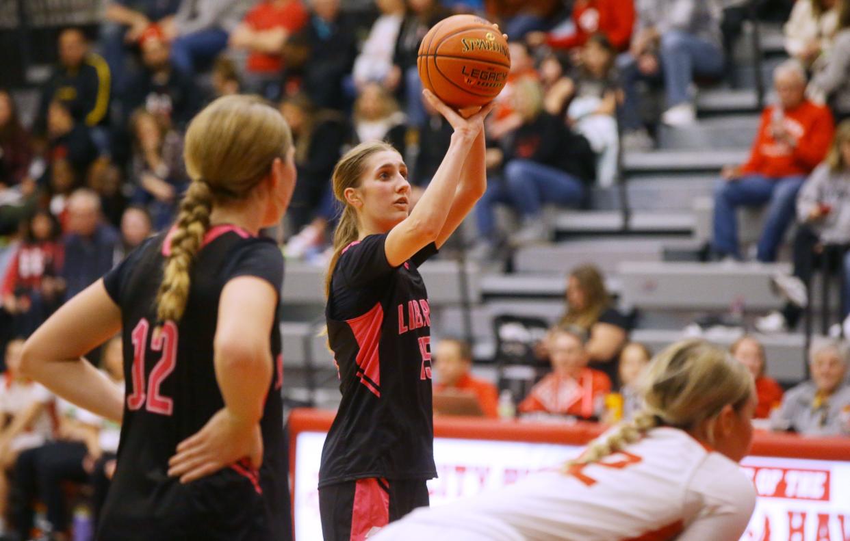 Liberty’s Natalie Ramsey (25), seen here in a game against City High in December, tallied 12 points and 13 rebounds against Waterloo West on Thursday, Feb.8.